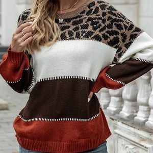 Leopard print color block stripes sweater RUST
